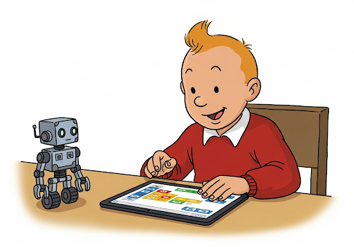 Gambar 3. Seorang anak laki-laki (usia 5 tahun, etnis Indonesia) sedang memprogram robot kecil dengan antarmuka blok visual di tablet