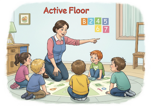 Gambar 3. Seorang guru TK sedang membimbing beberapa anak di sekitar Active Floor