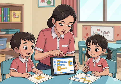 Gambar 3. Seorang guru daycare (wanita, etnis Indonesia) sedang membimbing dua anak (usia 4-5 tahun, etnis Indonesia) dalam aktivitas koding blok sederhana menggunakan tablet