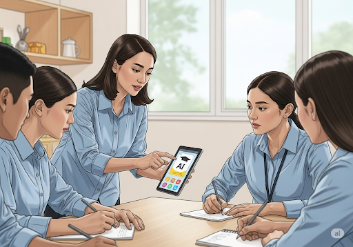 Gambar 3. Seorang guru daycare (wanita, etnis Indonesia) sedang memimpin sesi pelatihan untuk guru-guru lain tentang cara menggunakan aplikasi edukasi AI di tablet