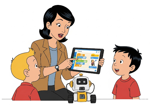 Gambar 3. Seorang guru penitipan anak (wanita, etnis Indonesia) sedang menunjukkan cara kerja robot edukasi berbasis aplikasi visual kepada dua anak (usia 5 tahun, etnis Indonesia)