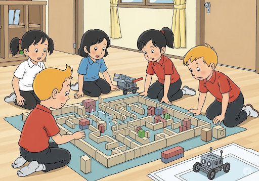 Gambar 4. Anak-anak (usia 3-5 tahun, etnis Indonesia) sedang membuat labirin sederhana dari balok-balok di lantai penitipan anak, dan seorang anak sedang mencoba memprogram robot kecil