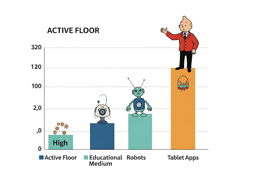Gambar 4. Ilustrasi grafik batang yang membandingkan biaya Active Floor (tinggi), Robot Edukasi (sedang), dan Aplikasi Tablet (rendah)