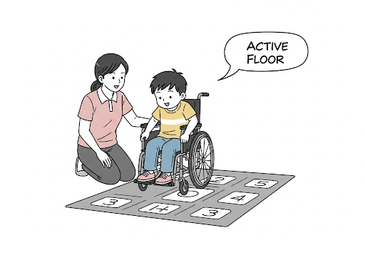Gambar 4. Seorang anak TK dengan kebutuhan khusus (misalnya, menggunakan kursi roda) sedang berpartisipasi dalam permainan Active Floor
