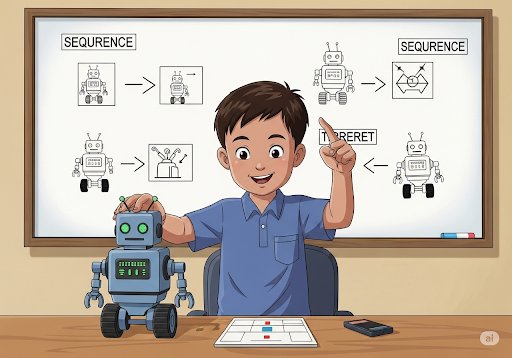 Gambar 4. Seorang anak laki-laki (usia 5 tahun, etnis Indonesia) sedang dengan bangga menunjukkan robot mainan yang telah ia program untuk bergerak