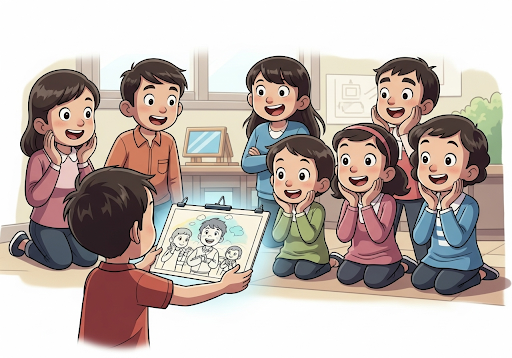 Gambar 4. Seorang anak laki-laki (usia 5 tahun, etnis Indonesia) sedang dengan gembira menunjukkan hasil karyanya, sebuah gambar digital yang dibuat dengan bantuan AI