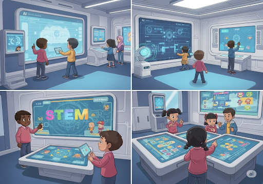 Gambar 5. Pemandangan futuristik sebuah daycare dengan anak-anak (usia 3-5 tahun, etnis Indonesia) berinteraksi dengan berbagai teknologi edukasi AI yang canggih namun ramah anak