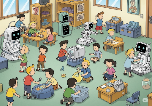 Gambar 5. Pemandangan futuristik sebuah ruang bermain penitipan anak yang dipenuhi dengan anak-anak (usia 3-5 tahun, etnis Indonesia) yang berinteraksi dengan berbagai jenis robot