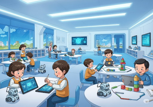 Gambar 5. Pemandangan futuristik sebuah ruang kelas daycare yang cerah dan modern, dengan anak-anak (usia 3-5 tahun, etnis Indonesia) terlibat dalam berbagai aktivitas pembelajaran STEM dan AI