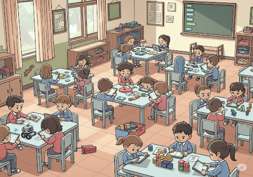 Gambar 5. Pemandangan sebuah kelas daycare yang dipenuhi dengan anak-anak (usia 3-5 tahun, etnis Indonesia) yang sedang terlibat dalam berbagai aktivitas koding dan STEM