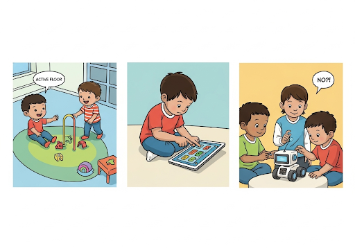 Gambar 5. Tiga panel terpisah. Panel 1. Anak-anak bermain di Active Floor dengan gembira