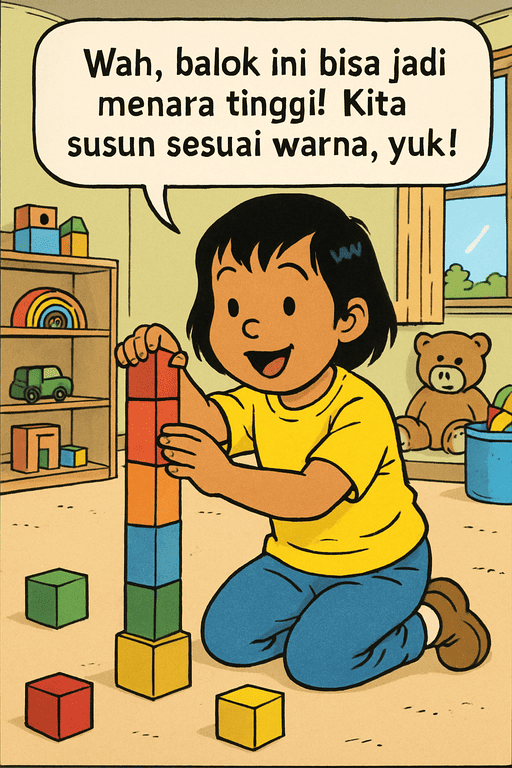 Anak perempuan menyusun balok warna-warni