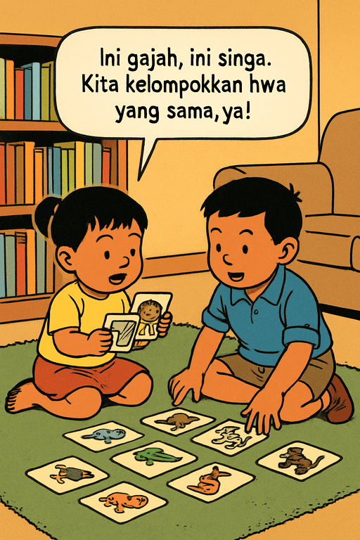 Dua anak memilah kartu bergambar hewan