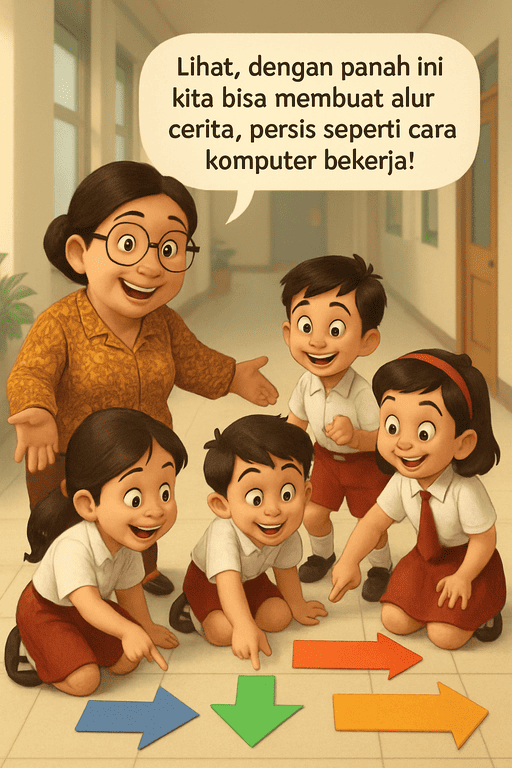 Anak-anak membuat flowchart di lantai