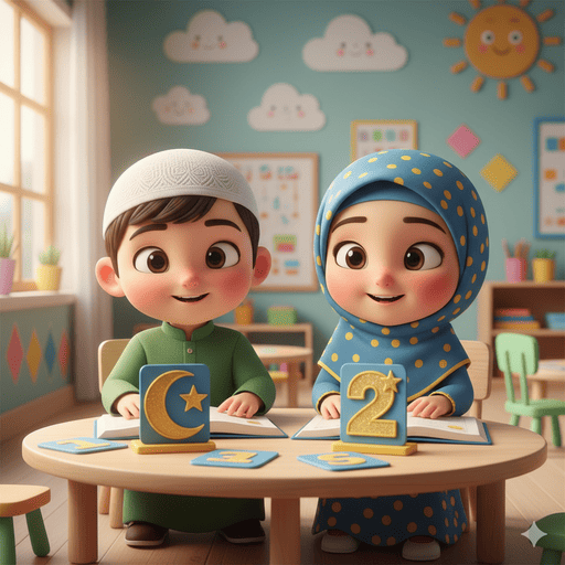 01. Anak-anak Muslim belajar angka dengan simbol Islam