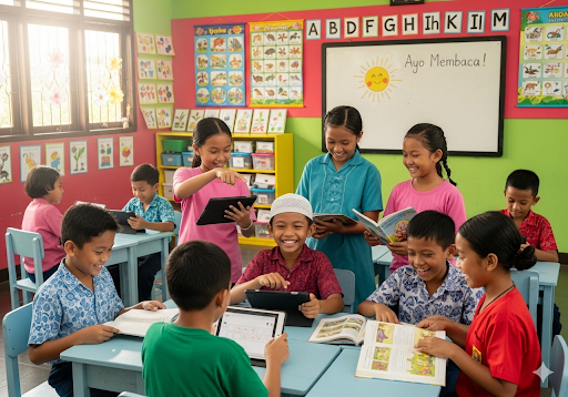 01. Anak-anak sekolah dasar sedang bermain permainan membaca interaktif dengan tablet dan buku