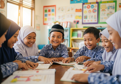 01. Anak-anak sekolah dasar yang bahagia duduk di ruang kelas yang penuh warna, membaca buku bersama