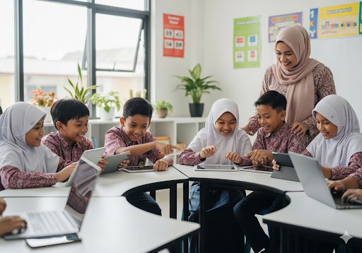 01. Berinteraksi dan berkolaborasi menggunakan gawai di ruang kelas yang modern dan aman, didampingi oleh guru