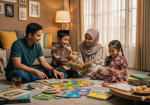 01. Orang tua dan anak-anak terlibat dalam permainan membaca bersama, buku-buku dan materi pendidikan berserakan