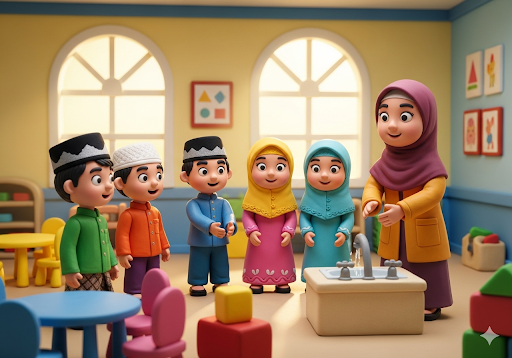 01. Sekelompok anak-anak PAUD yang bahagia, dengan antusias belajar tentang wudhu di ruang kelas