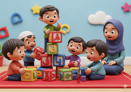01. Sekelompok balita yang bahagia, berusia 2-4 tahun, bermain dengan balok bangunan berwarna-warni yang memiliki huruf Arab
