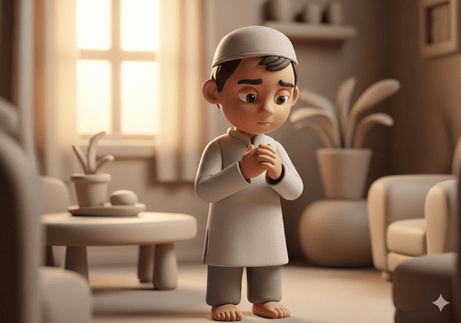 01. Seorang anak Muslim muda yang sedang berdiri sambil merenung, sedang membuat niat dalam hati