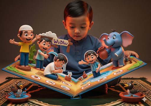 01. Seorang anak PAUD terpikat oleh buku cerita warna-warni tentang wudhu