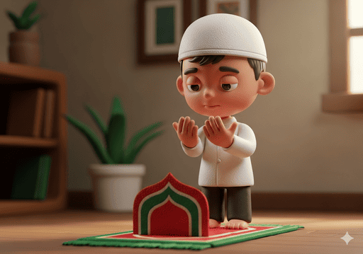 01. Seorang anak berdiri di depan sajadah kecil, dengan tangan sedikit terangkat