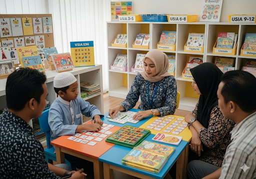 01. Seorang anak dan seorang guru Indonesia menunjukkan berbagai permainan membaca kepada orang tua