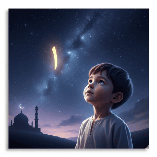 01. Seorang anak memandang langit malam yang penuh bintang, merenungkan keesaan Allah