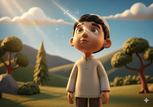 01. Seorang anak menatap langit dengan ekspresi berpikir dan damai