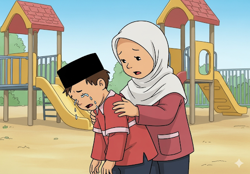 01. Seorang anak perempuan Indonesia berhijab menghibur anak lain yang menangis di taman bermain penitipan anak