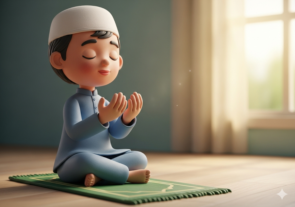 01. Seorang anak sedang duduk di atas sajadah, mengangkat kedua tangannya untuk berdoa