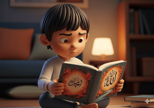 01. Seorang anak sedang melihat buku bergambar indah yang menunjukkan salah satu Asmaul Husna