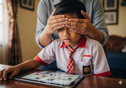 01. Tampak cemas menatap layar tablet yang menampilkan gambar buram dan tidak pantas