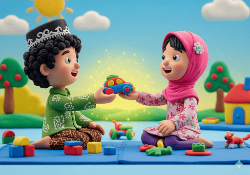 02. Bermain bersama, satu anak berbagi mainan dengan yang lain, menunjukkan keadilan dan kebaikan