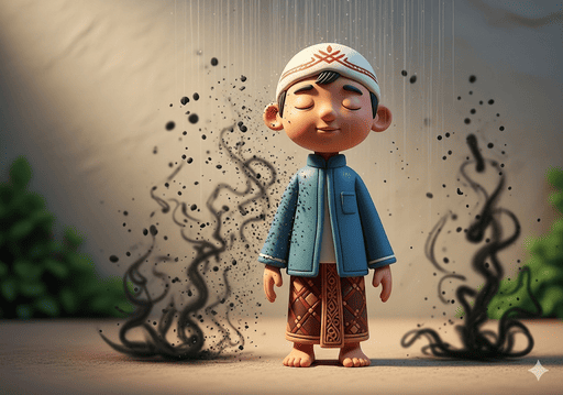 02. Gambar simbolis seorang anak berdiri di bawah pancuran cahaya lembut, dengan bayangan gelap yang melambangkan dosa