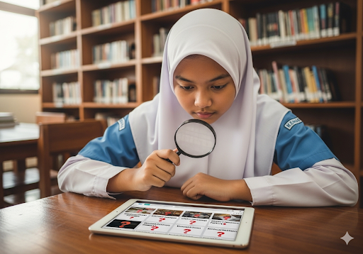 02. Layar menunjukkan berbagai berita utama, beberapa dengan tanda tanya, yang menunjukkan pemikiran kritis