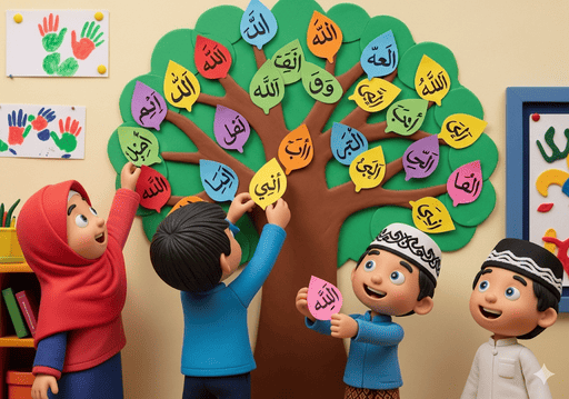 02. Menghias pohon kertas besar di dinding dengan daun-daun kertas berwarna-warni, setiap daun bertuliskan Asmaul Husna