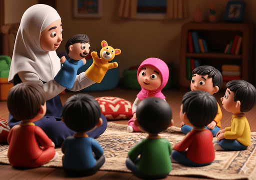 02. Orang tua atau guru menggunakan boneka tangan berwarna-warni untuk bercerita tentang salah satu Asmaul Husna