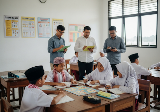 02. Peneliti dan guru Indonesia sedang menganalisis data dan grafik kinerja akademik