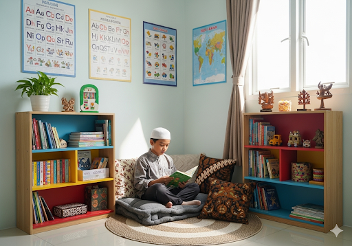 02. Rumah dengan rak-rak buku berwarna-warni, area tempat duduk yang nyaman, poster-poster pendidikan di dinding