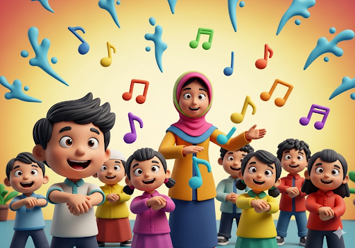 02. Sekelompok anak PAUD dengan gembira menyanyikan lagu wudhu dan melakukan gerakannya bersama seorang guru