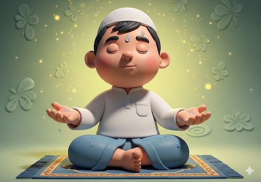 02. Seorang anak PAUD dengan ekspresi tenang, duduk dengan tenang setelah melakukan wudhu
