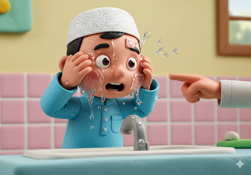 02. Seorang anak PAUD secara tidak sengaja melewatkan satu bagian saat membasuh wajahnya saat wudhu