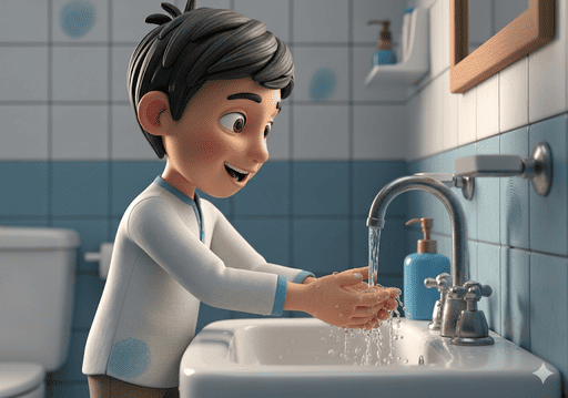 02. Seorang anak menunjukkan langkah-langkah wudhu di kamar mandi yang bersih