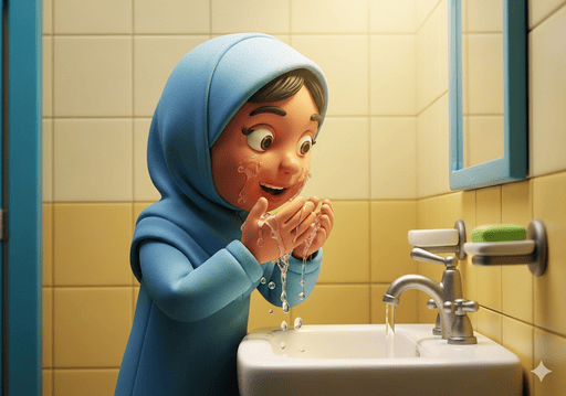 02. Seorang gadis menunjukkan langkah-langkah wudhu dia dengan lembut membasuh wajahnya dengan air