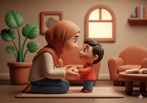 02. Seorang orang tua dengan lembut memegang tangan anaknya, membisikkan sesuatu kepada anaknya