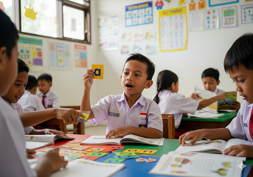 02. Siswa sekolah dasar bermain game membaca edukatif dengan kartu huruf dan buku berwarna-warni