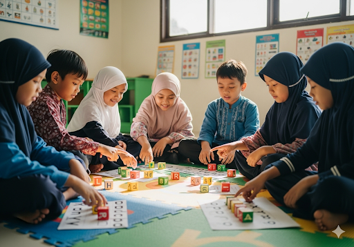 03. Anak-anak kecil Indonesia (6-7 tahun) bermain dengan balok huruf warna-warni dan permainan fonik